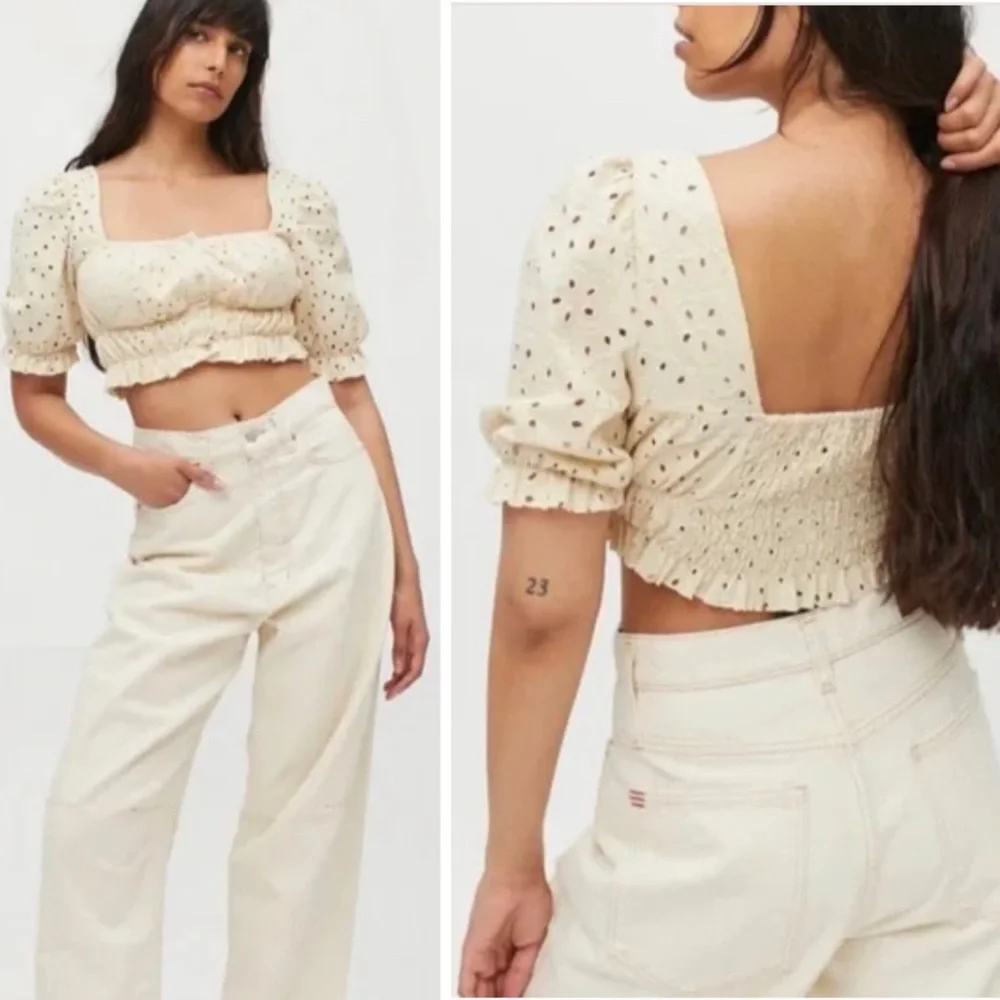 UO Tan Button Down Eyelet Crop Top